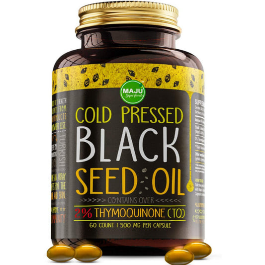 Maju'S Black Seed Oil Capsules - Stronger 3X% Thymoquinone - Cold-Pressed - Black Cumin Nigella Sativa Seed Oil - Organic Grown BSO - Pure Blackseed (60Ct)